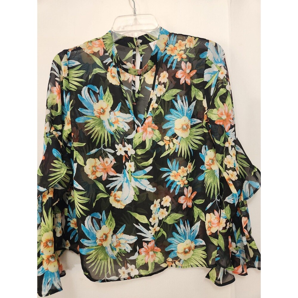 Impulsive Women’s Top M Black Floral  Ruffle Long Sleeve Blouse SHEER V-Neck